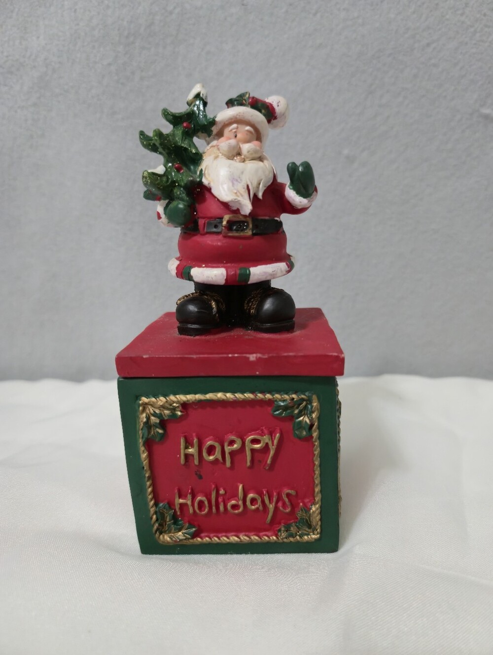 Vintage Hand Painted Santa Claus Resin Christmas Trinket Box Happy Holidays